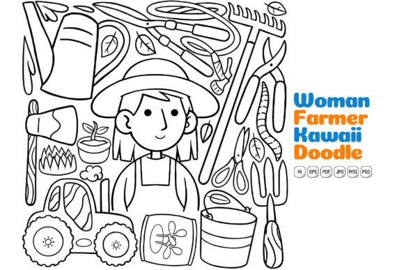 Woman Farmer Kawaii Doodle Line Art Vector Bundle